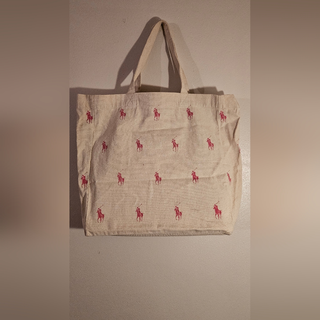Ralph Lauren Canvas Tote In Cream With Pink Polo Logos